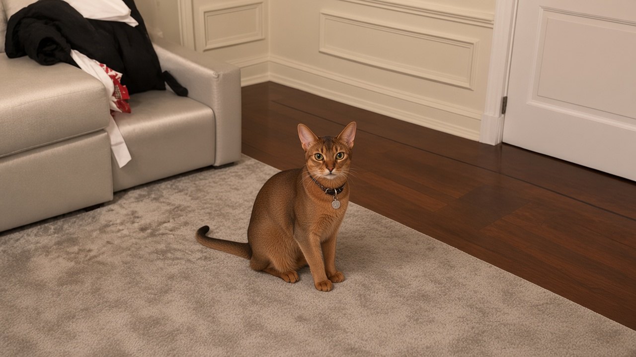 Elon's Cat sitting in the room from the photo, black collar and silver tag